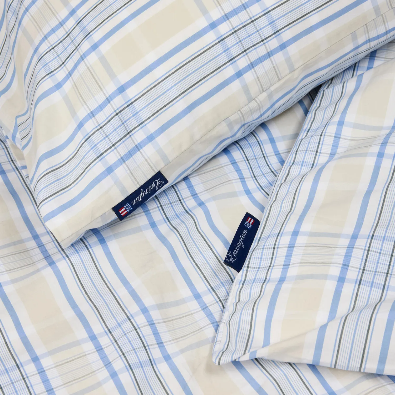 Outlet Lexington Beige/Blue Checked Cotton Poplin Bed Set, beige/white/blue